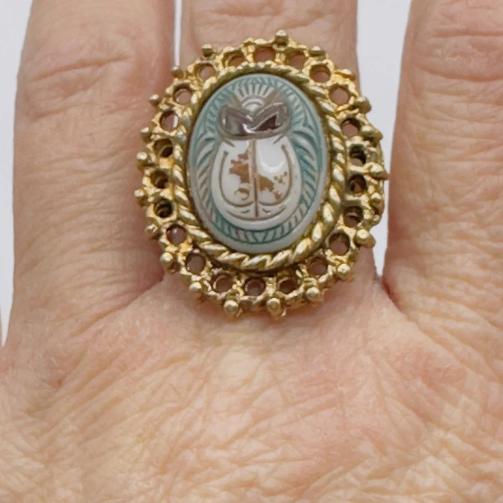 Vintage Egyptian Revival Scarab Ring Gold Tone Adjustable Size 7